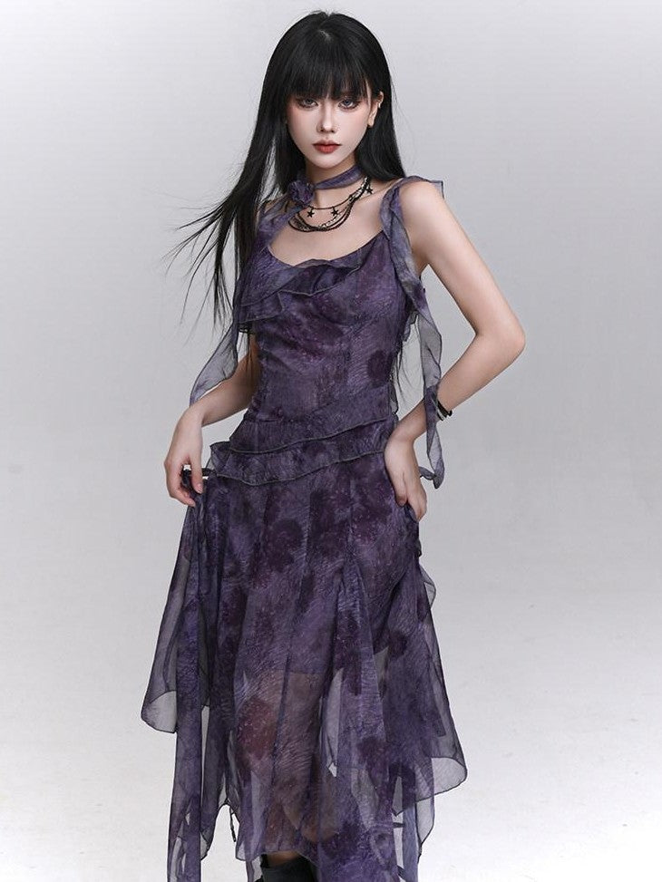 LADYGHOST Purple Asymmetrical Spaghetti Strap Cinched Waist Women&