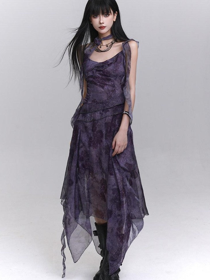 LADYGHOST Purple Asymmetrical Spaghetti Strap Cinched Waist Women&
