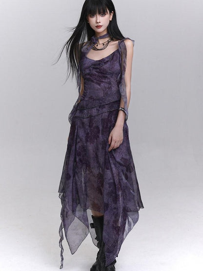 LADYGHOST Purple Asymmetrical Spaghetti Strap Cinched Waist Women&