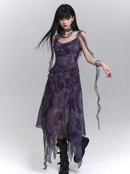 LADYGHOST Purple Asymmetrical Spaghetti Strap Cinched Waist Women&