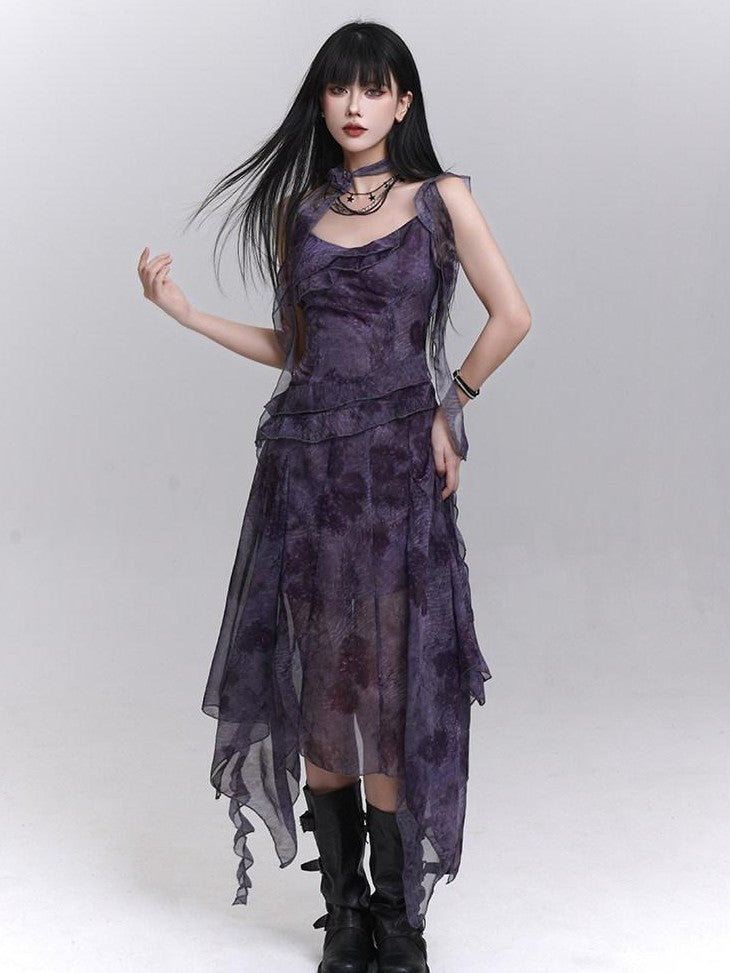 LADYGHOST Purple Asymmetrical Spaghetti Strap Cinched Waist Women&
