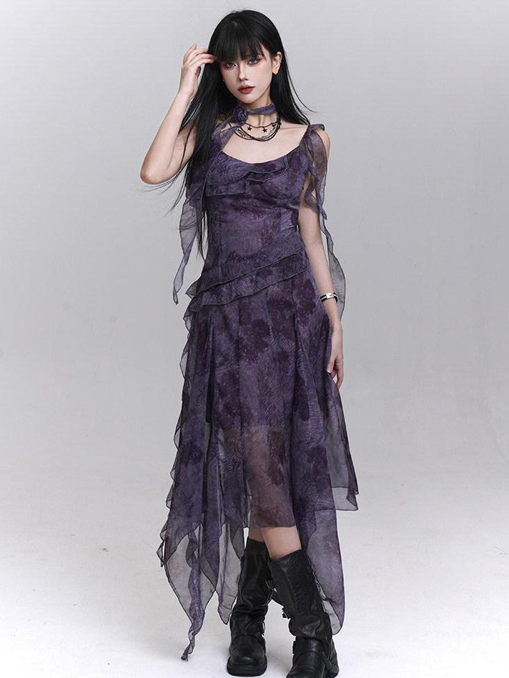 LADYGHOST Purple Asymmetrical Spaghetti Strap Cinched Waist Women&