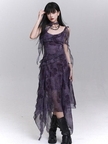 LADYGHOST Purple Asymmetrical Spaghetti Strap Cinched Waist Women&