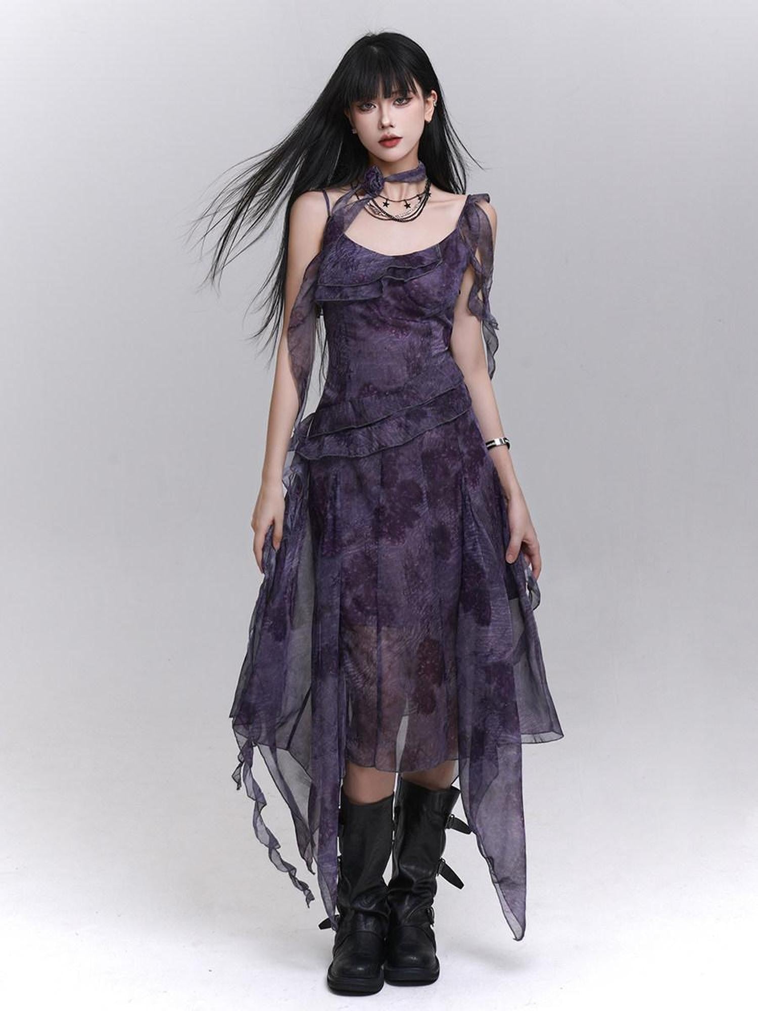 LADYGHOST Purple Asymmetrical Spaghetti Strap Cinched Waist Women&