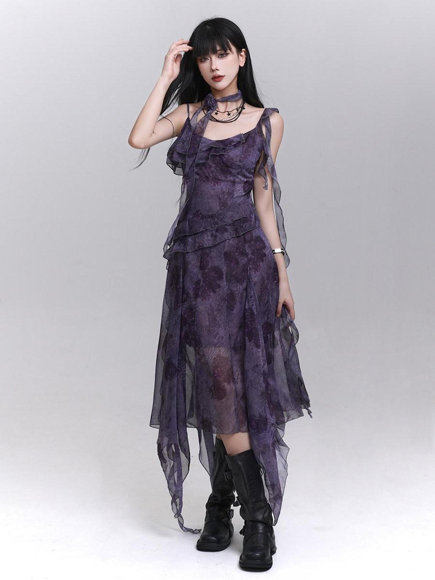 LADYGHOST Purple Asymmetrical Spaghetti Strap Cinched Waist Women&
