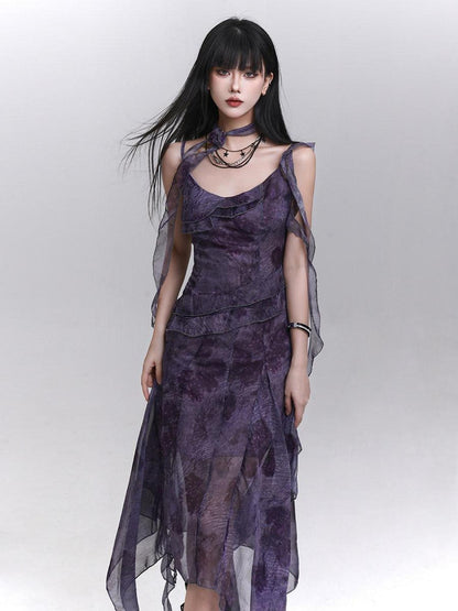 LADYGHOST Purple Asymmetrical Spaghetti Strap Cinched Waist Women&