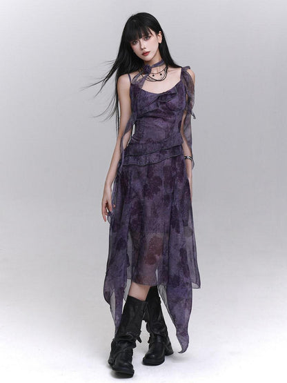 LADYGHOST Purple Asymmetrical Spaghetti Strap Cinched Waist Women&