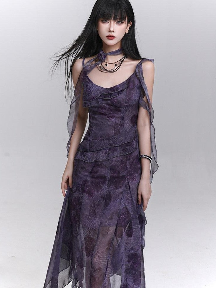 LADYGHOST Purple Asymmetrical Spaghetti Strap Cinched Waist Women&