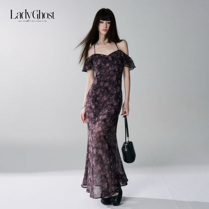 LADYGHOST_Purple_Halter_Neck_Floral_Backless_Flutter_Sleeve_Women&
