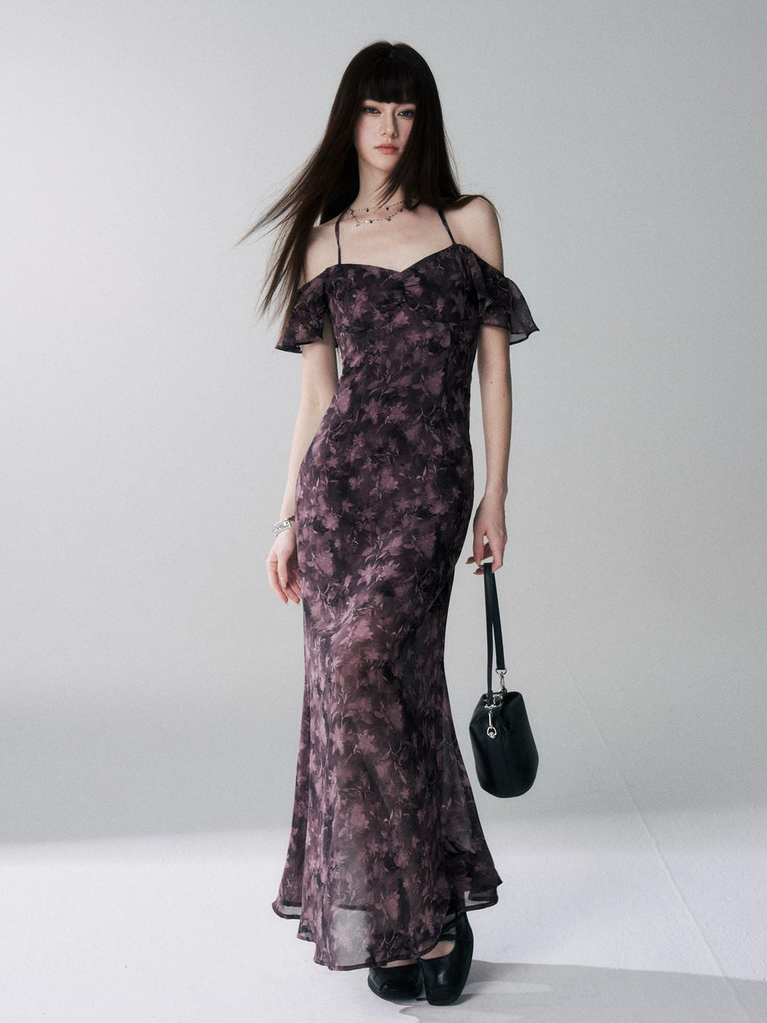 LADYGHOST Purple Halter Neck Floral Backless Flutter Sleeve Women&