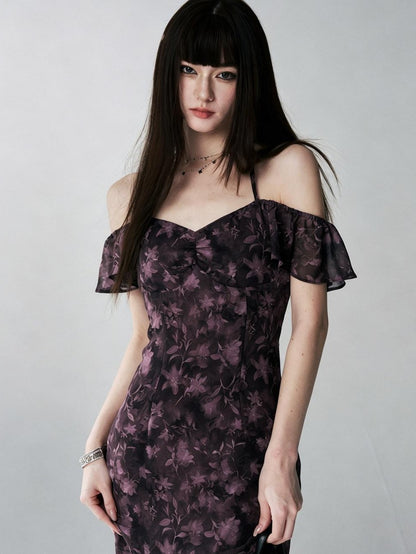 LADYGHOST Purple Halter Neck Floral Backless Flutter Sleeve Women&