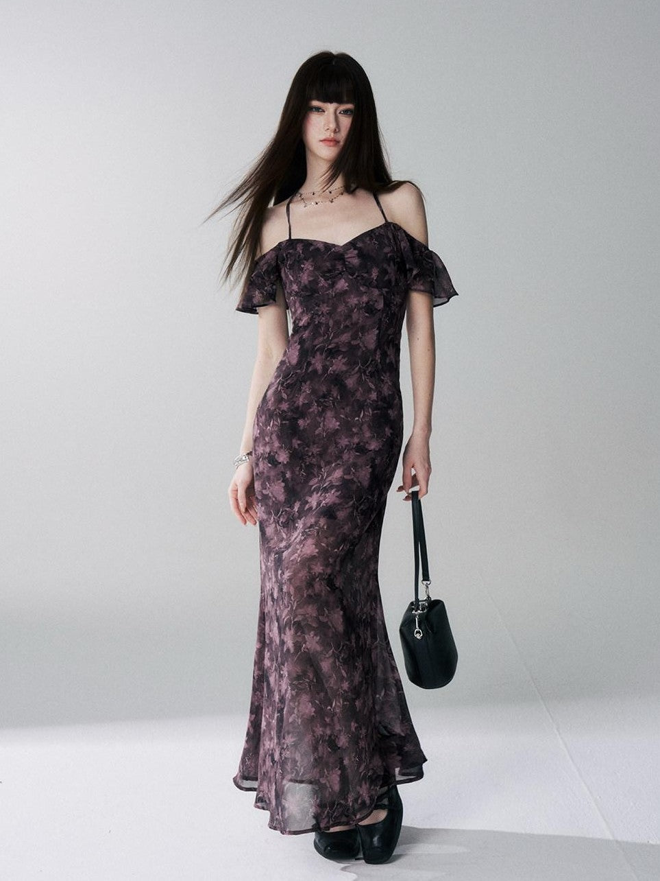 LADYGHOST Purple Halter Neck Floral Backless Flutter Sleeve Women&