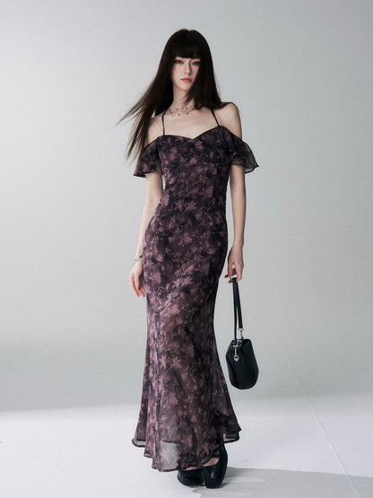 LADYGHOST Purple Halter Neck Floral Backless Flutter Sleeve Women&