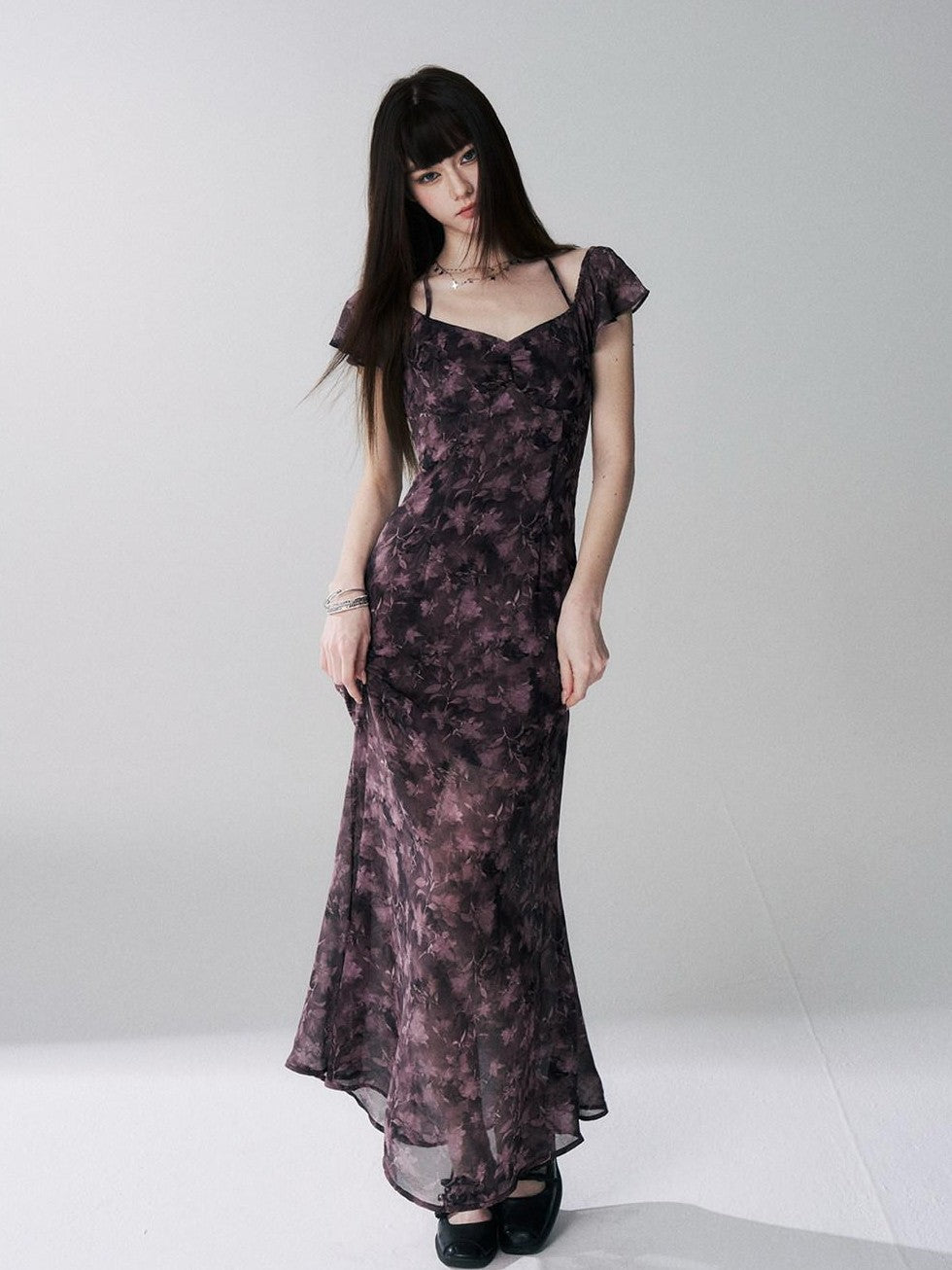 LADYGHOST Purple Halter Neck Floral Backless Flutter Sleeve Women&