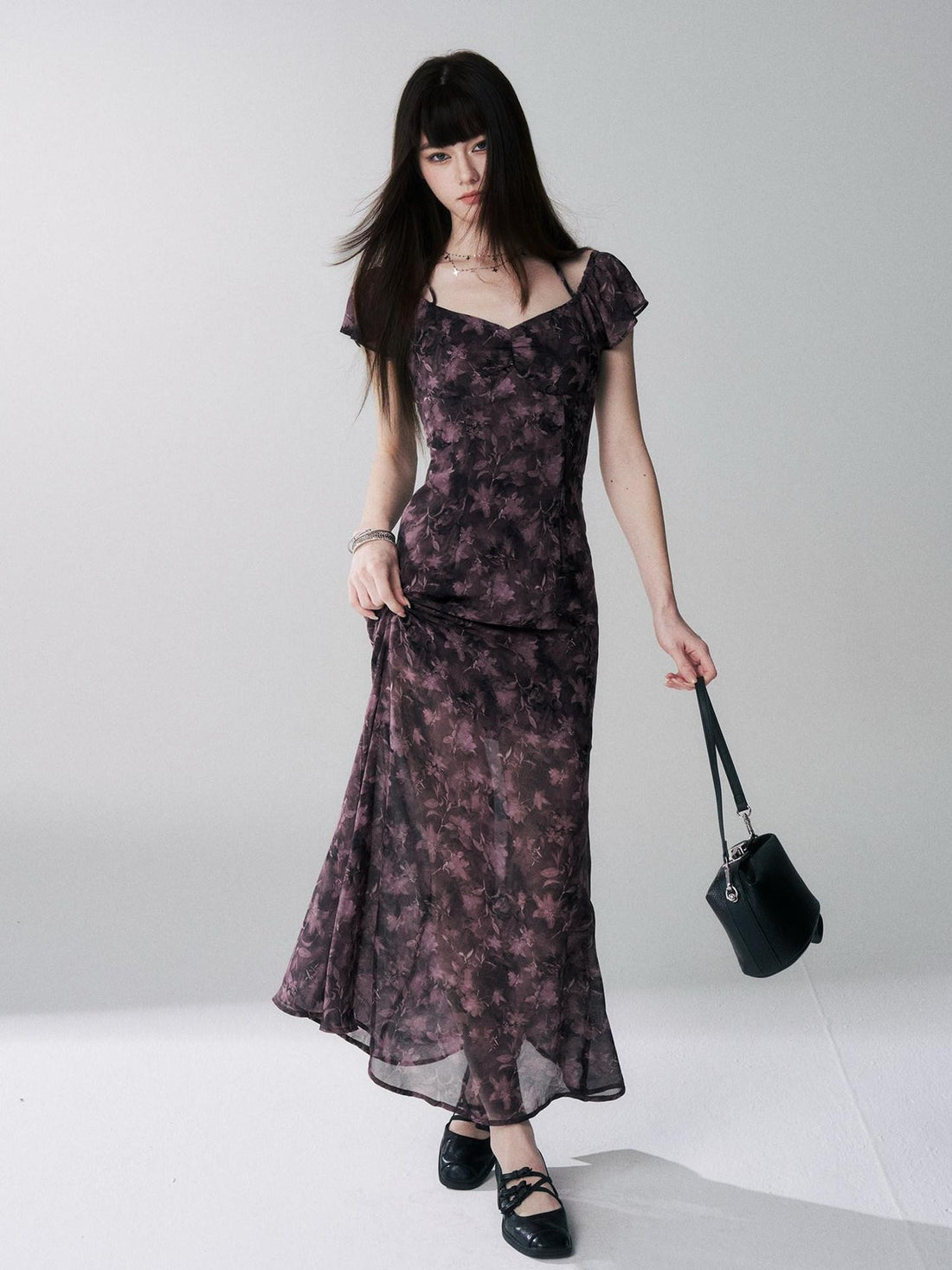 LADYGHOST Purple Halter Neck Floral Backless Flutter Sleeve Women&