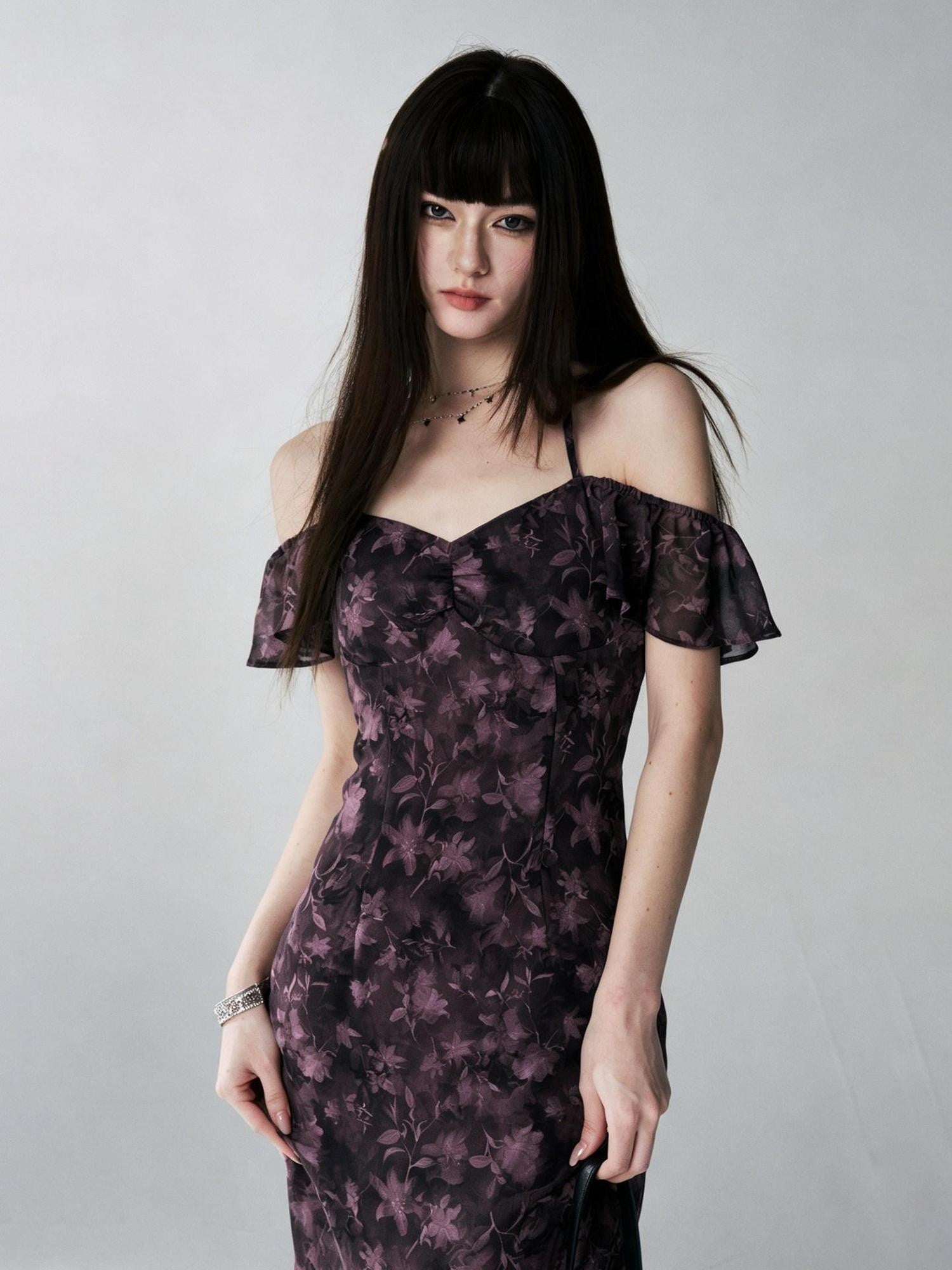 LADYGHOST Purple Halter Neck Floral Backless Flutter Sleeve Women&