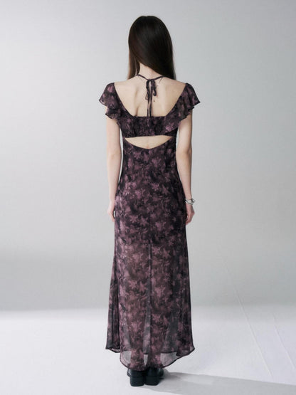 LADYGHOST Purple Halter Neck Floral Backless Flutter Sleeve Women&