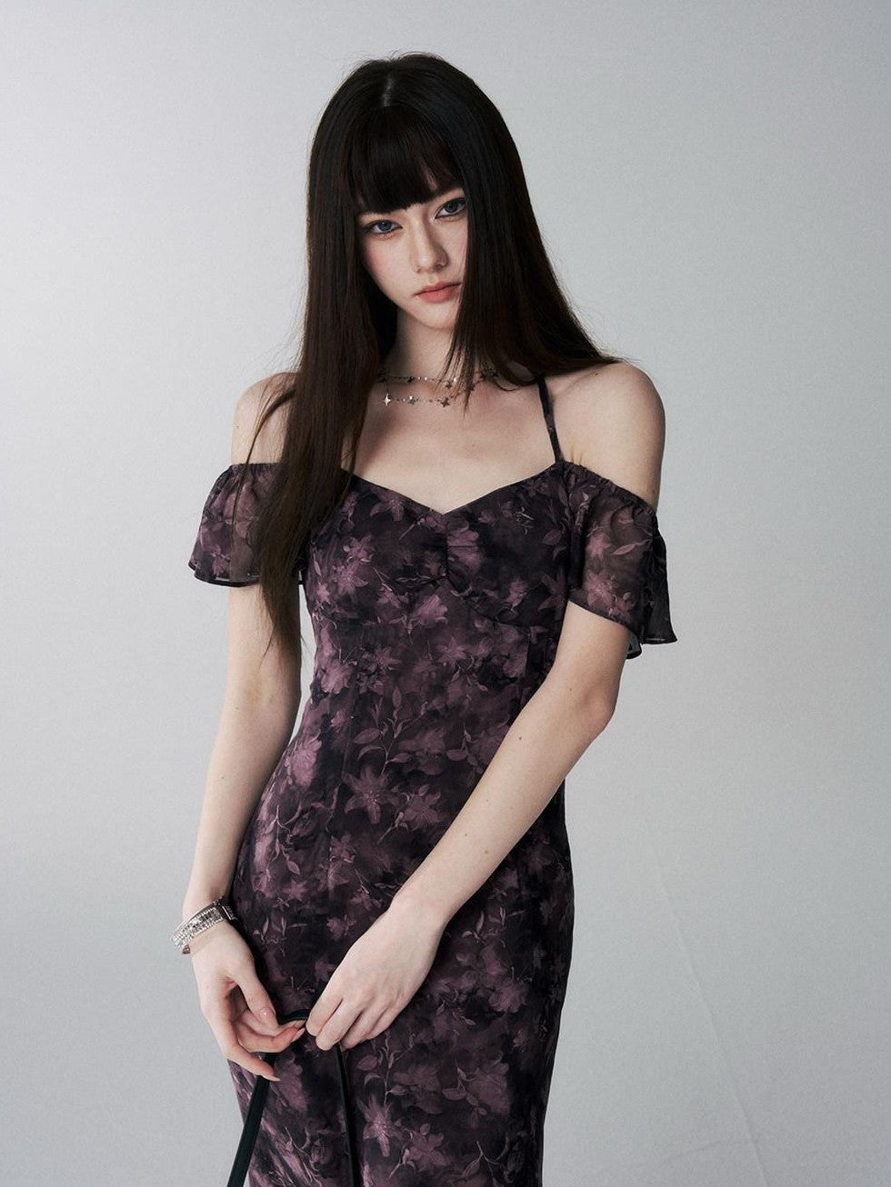 LADYGHOST Purple Halter Neck Floral Backless Flutter Sleeve Women&