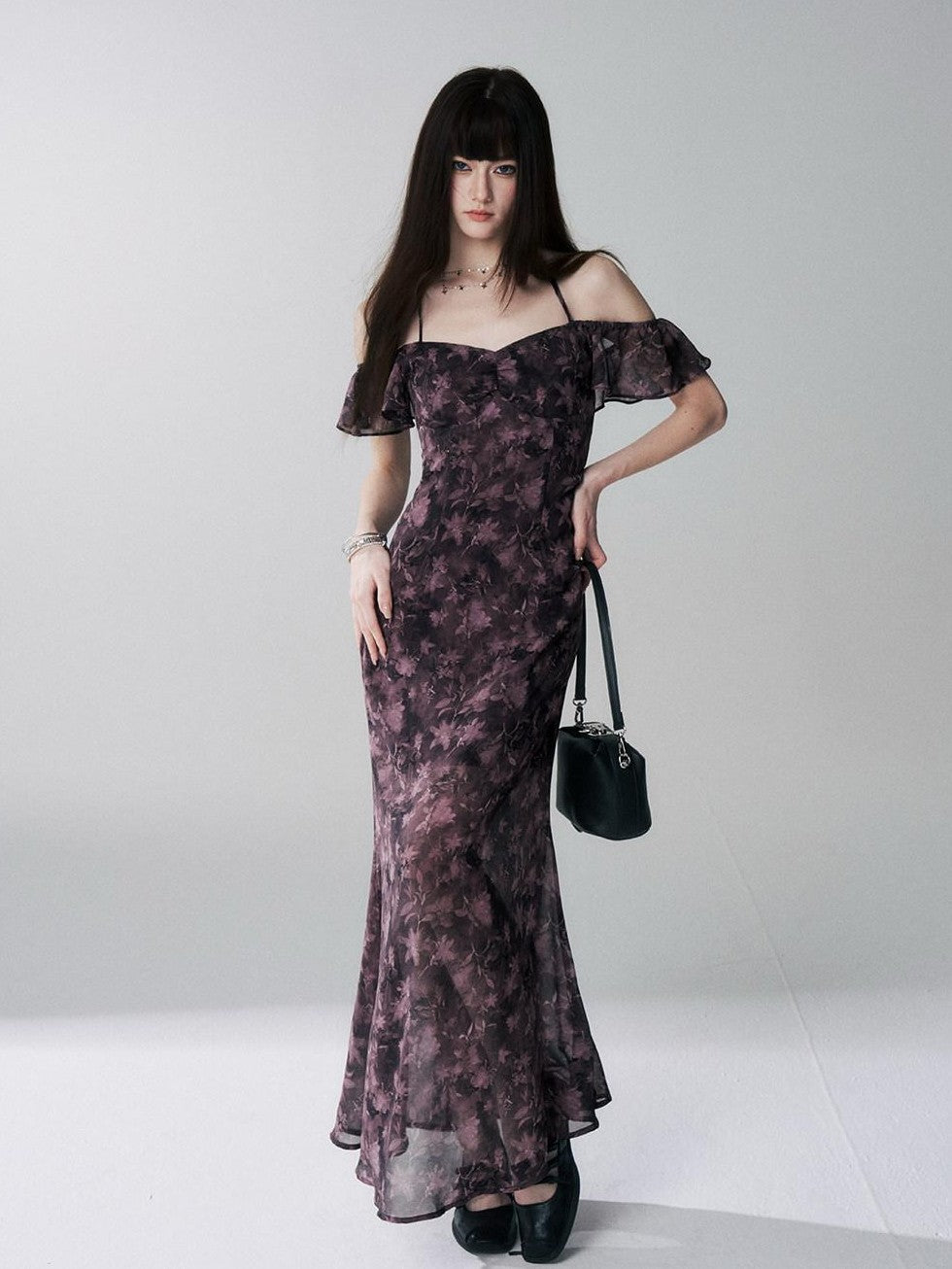 LADYGHOST Purple Halter Neck Floral Backless Flutter Sleeve Women&