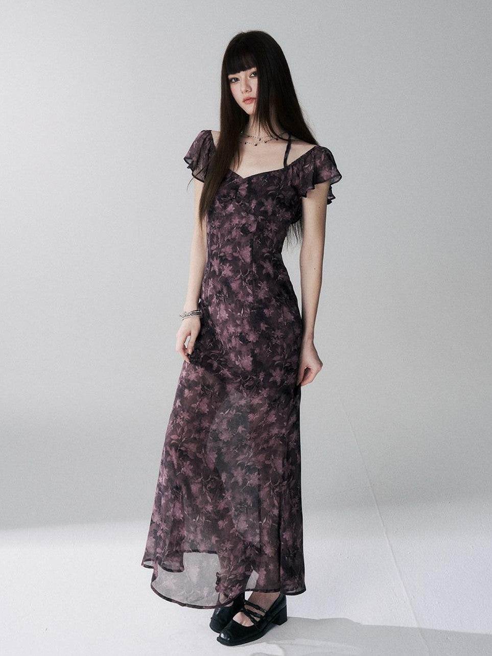 LADYGHOST Purple Halter Neck Floral Backless Flutter Sleeve Women&