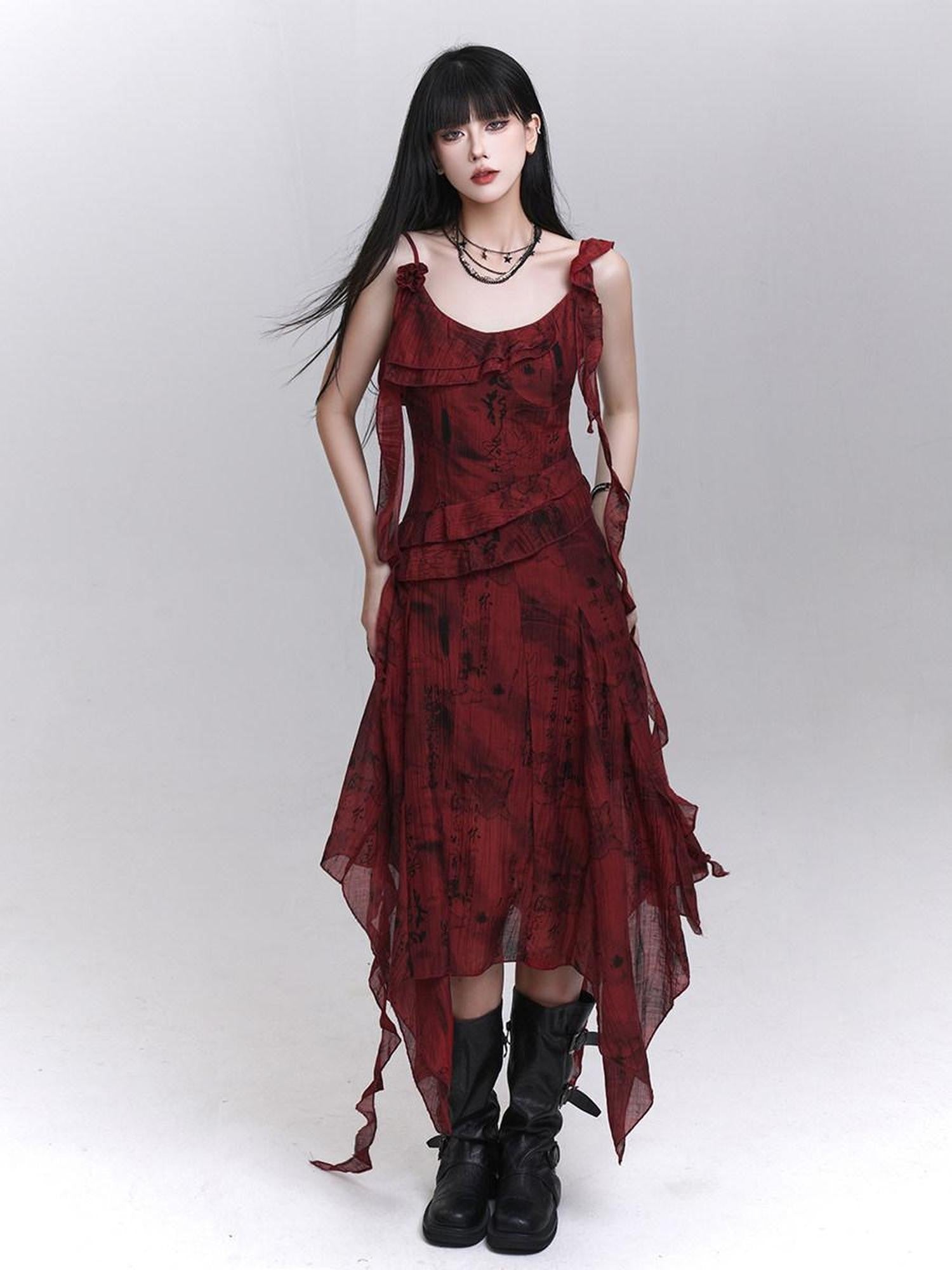 LADYGHOST Red Beach Asymmetrical Spaghetti Strap Women&