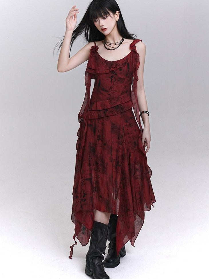 LADYGHOST Red Beach Asymmetrical Spaghetti Strap Women&
