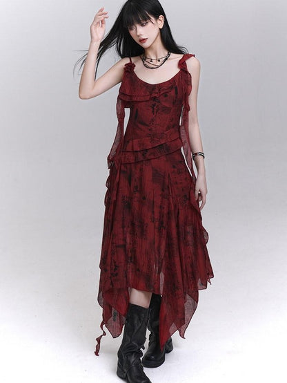 LADYGHOST Red Beach Asymmetrical Spaghetti Strap Women&