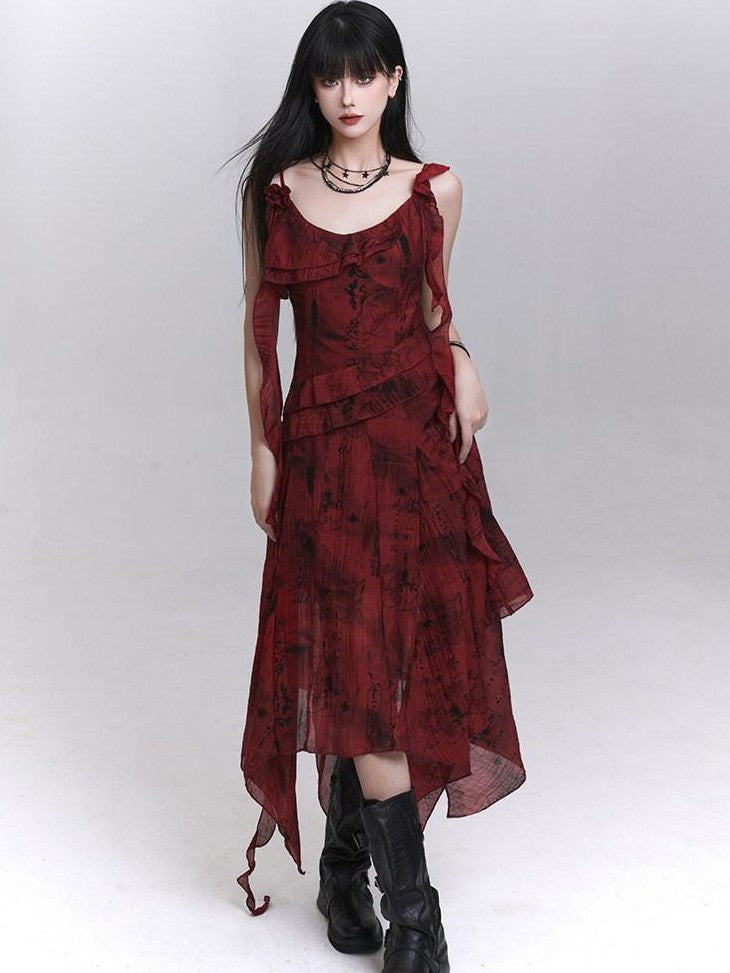 LADYGHOST Red Beach Asymmetrical Spaghetti Strap Women&
