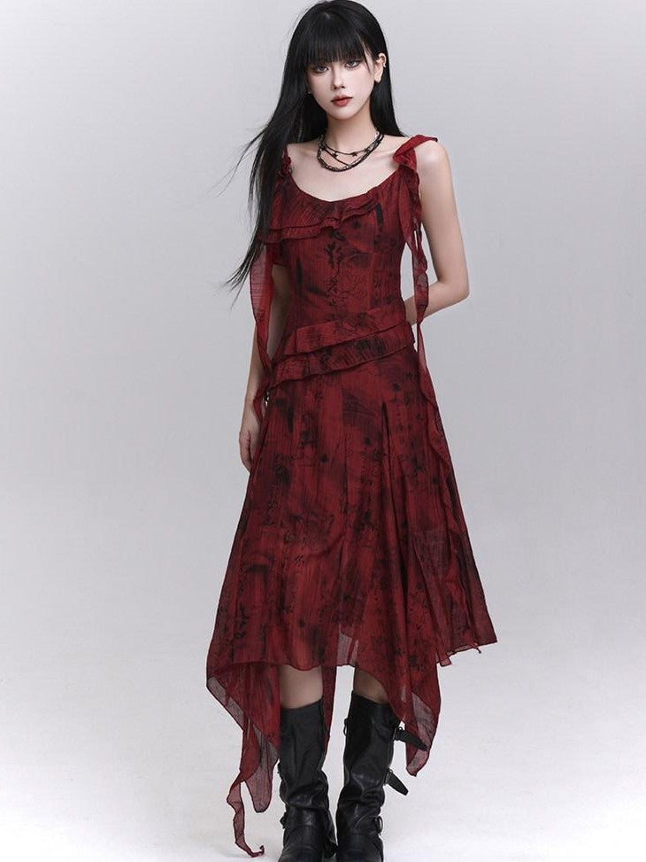 LADYGHOST Red Beach Asymmetrical Spaghetti Strap Women&