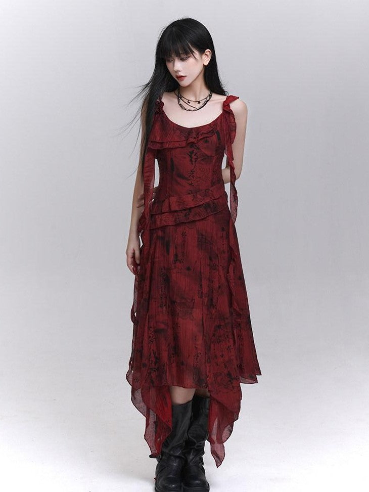 LADYGHOST Red Beach Asymmetrical Spaghetti Strap Women&