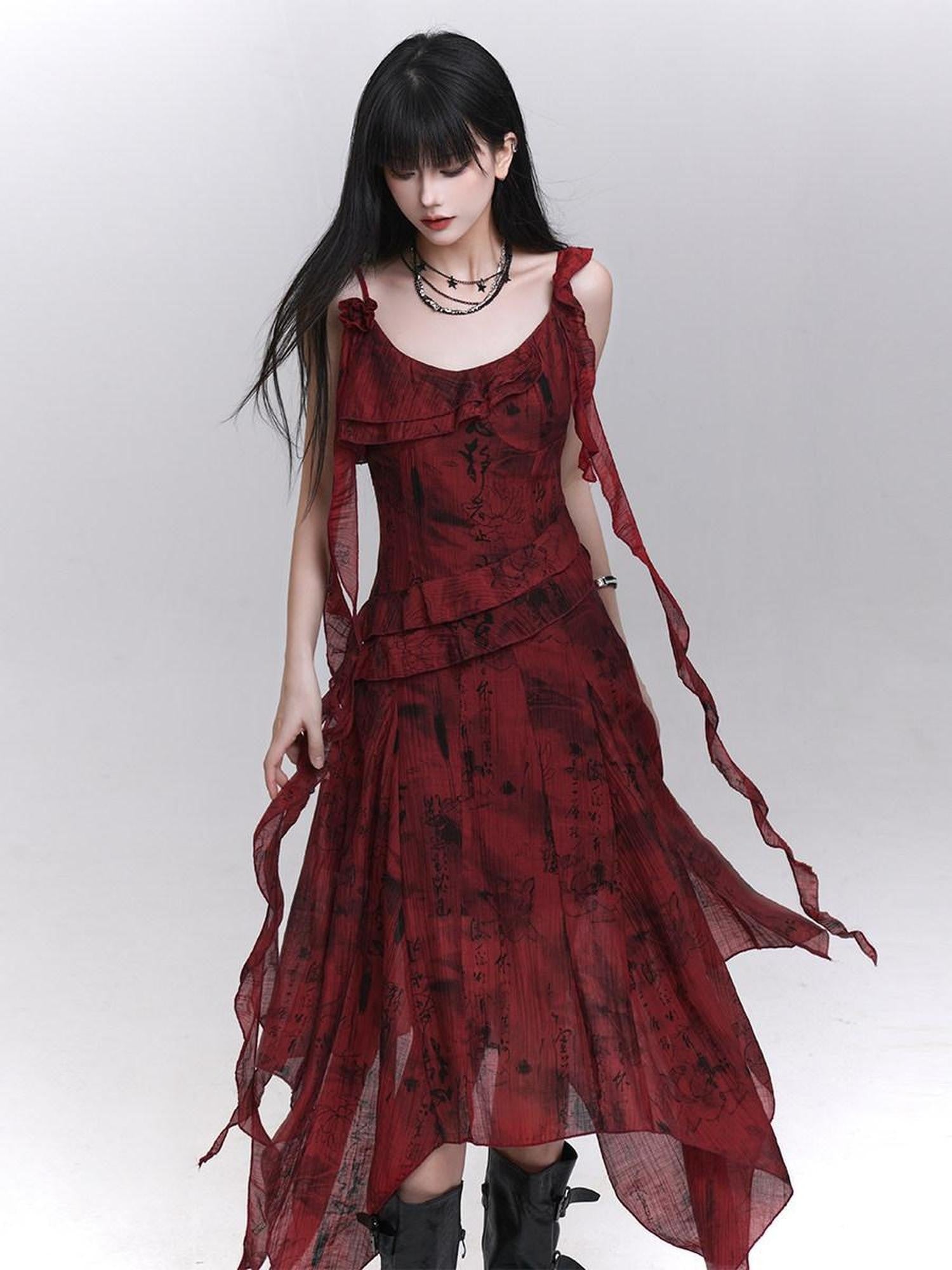 LADYGHOST Red Beach Asymmetrical Spaghetti Strap Women&