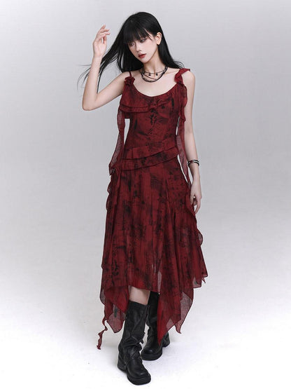 LADYGHOST Red Beach Asymmetrical Spaghetti Strap Women&