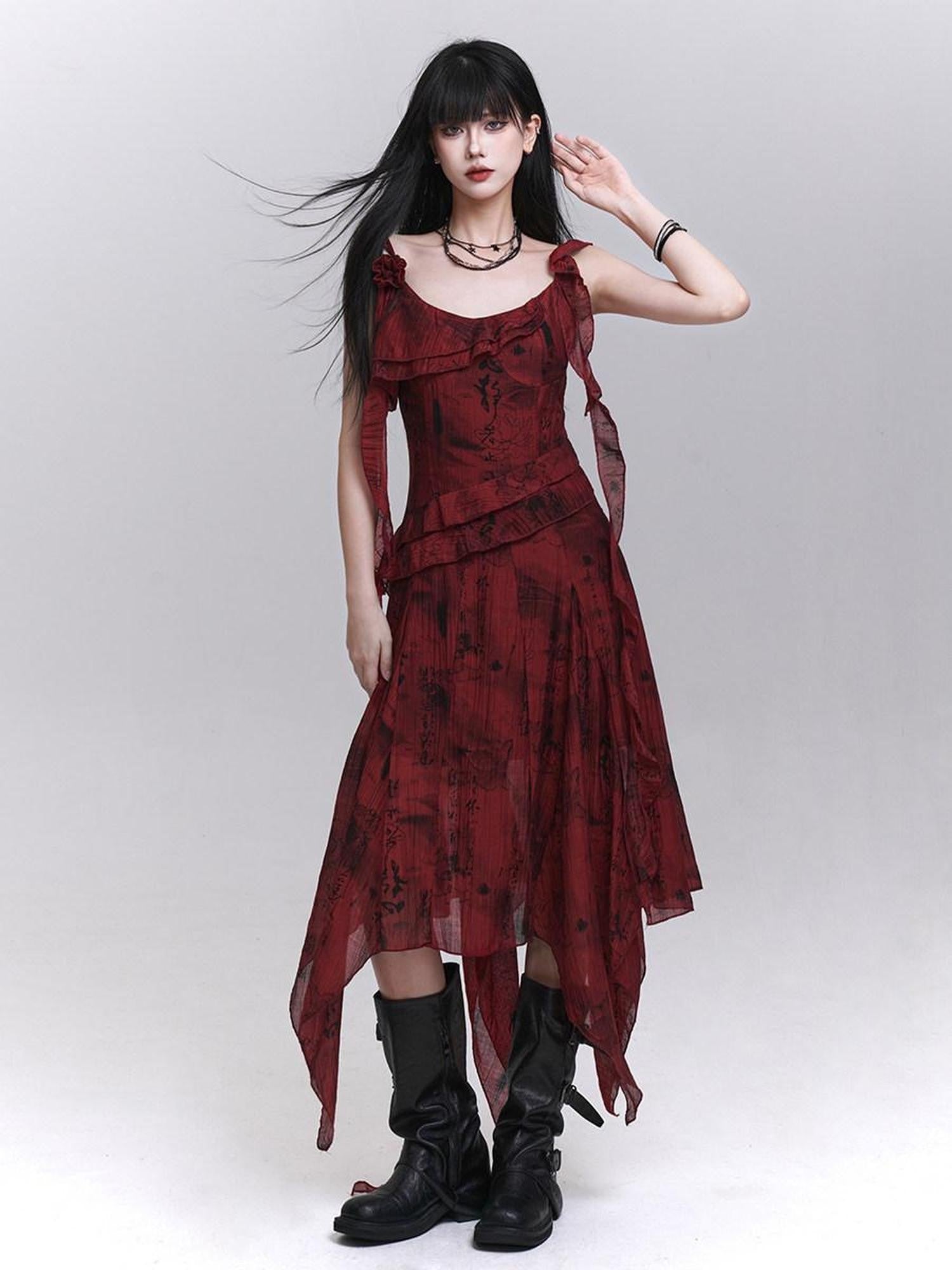 LADYGHOST Red Beach Asymmetrical Spaghetti Strap Women&
