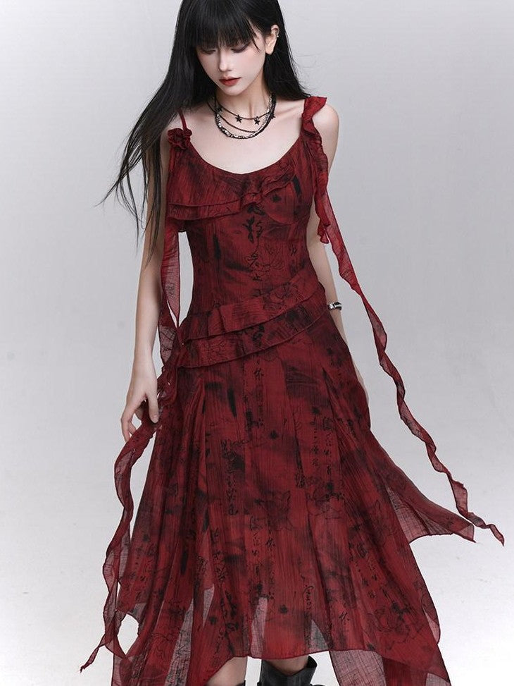 LADYGHOST Red Beach Asymmetrical Spaghetti Strap Women&