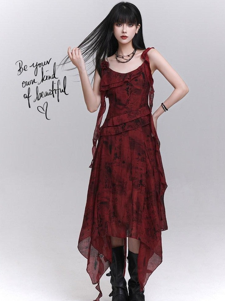 LADYGHOST Red Beach Asymmetrical Spaghetti Strap Women&