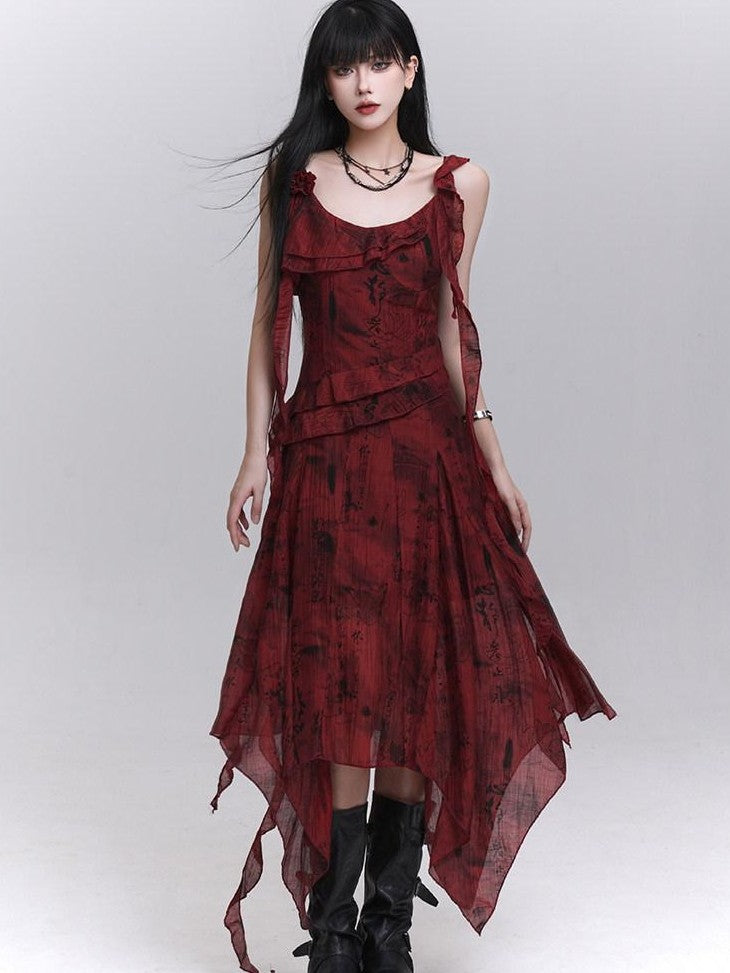 LADYGHOST Red Beach Asymmetrical Spaghetti Strap Women&