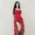 LADYGHOST_Red_Floral_High_Waist_Asymmetric_Hem_Women&