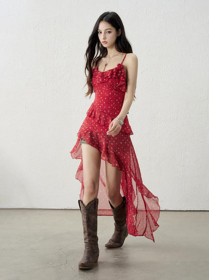 LADYGHOST Red Floral High Waist Asymmetric Hem Women&