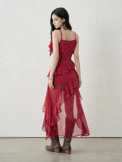 LADYGHOST Red Floral High Waist Asymmetric Hem Women&