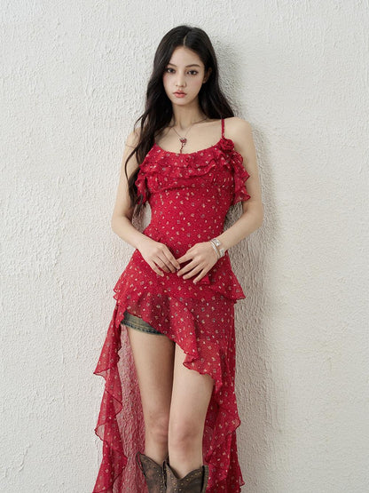 LADYGHOST Red Floral High Waist Asymmetric Hem Women&