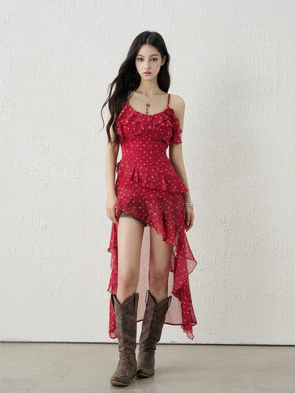 LADYGHOST Red Floral High Waist Asymmetric Hem Women&
