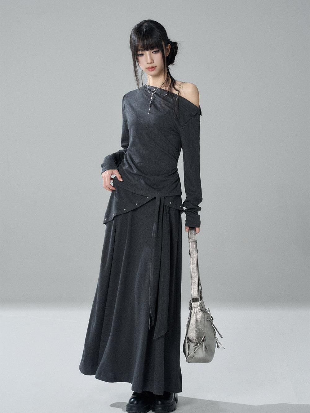 LADYGHOST Riveted One Shoulder Asymmetric Hem Solid Women&