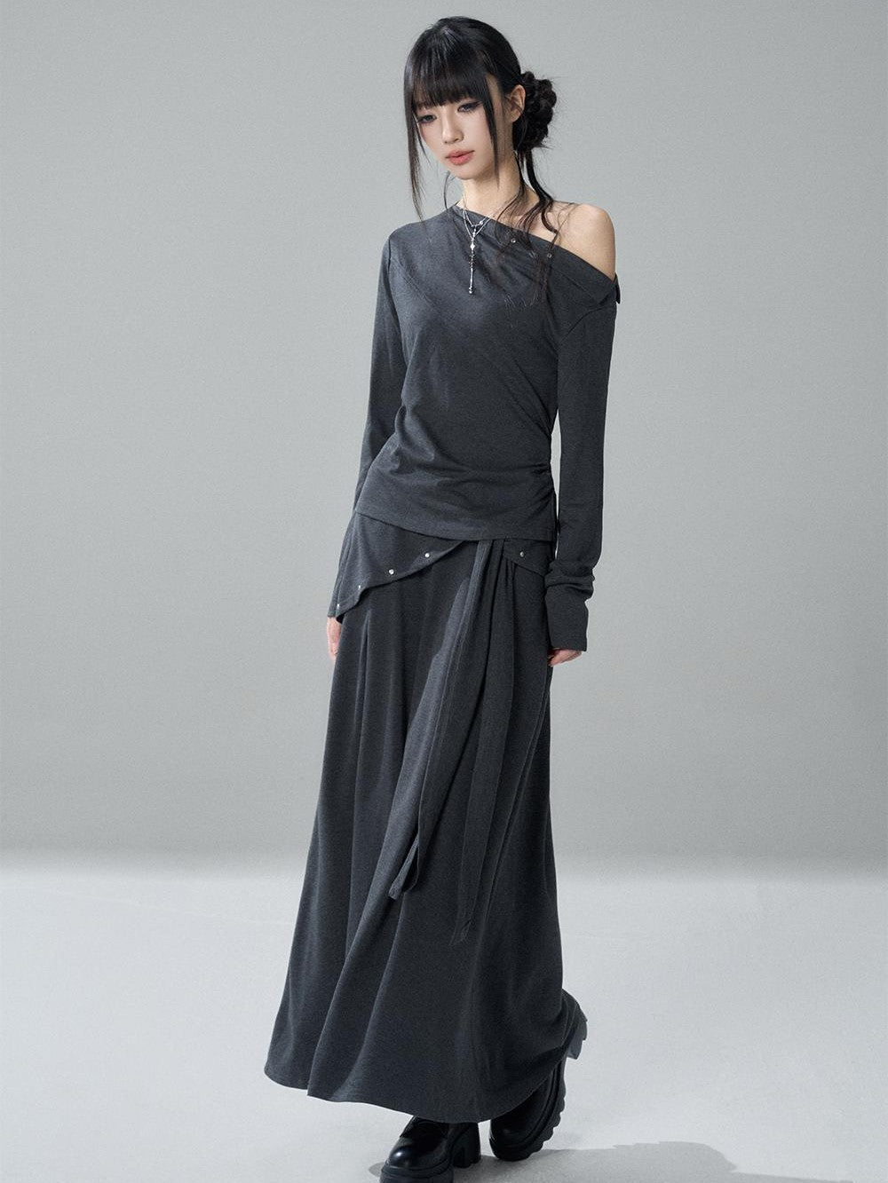 LADYGHOST Riveted One Shoulder Asymmetric Hem Solid Women&