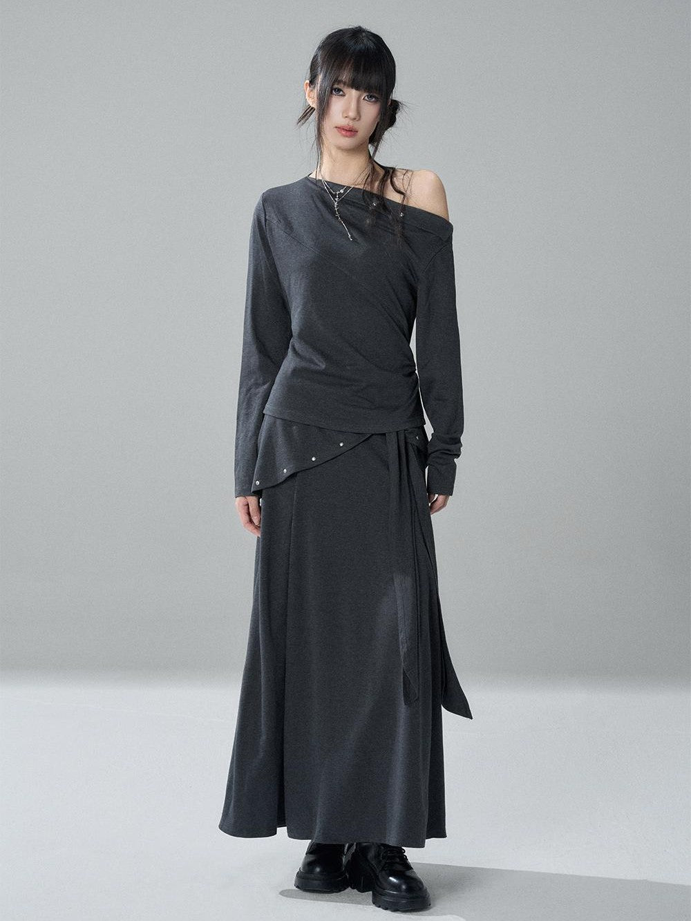 LADYGHOST Riveted One Shoulder Asymmetric Hem Solid Women&