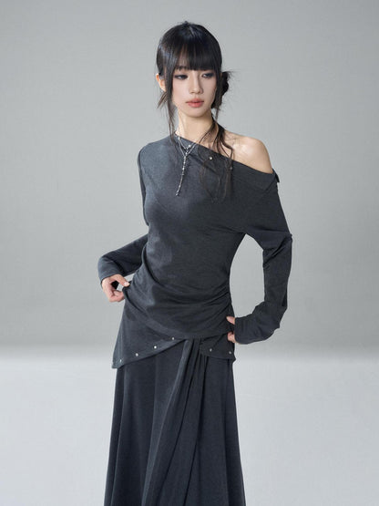 LADYGHOST Riveted One Shoulder Asymmetric Hem Solid Women&