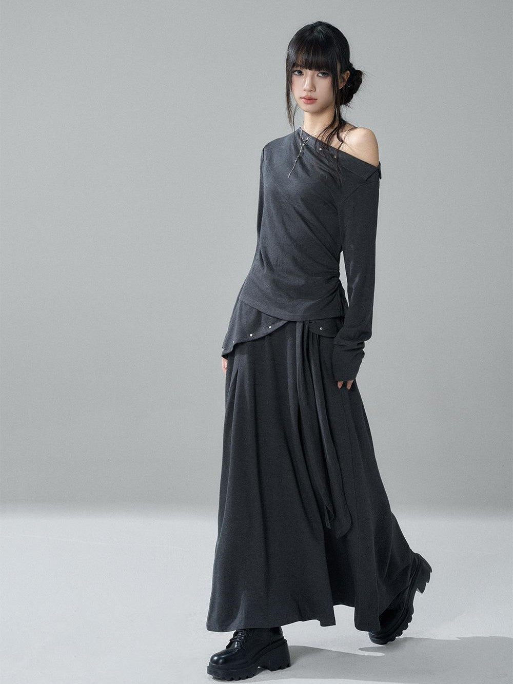 LADYGHOST Riveted One Shoulder Asymmetric Hem Solid Women&