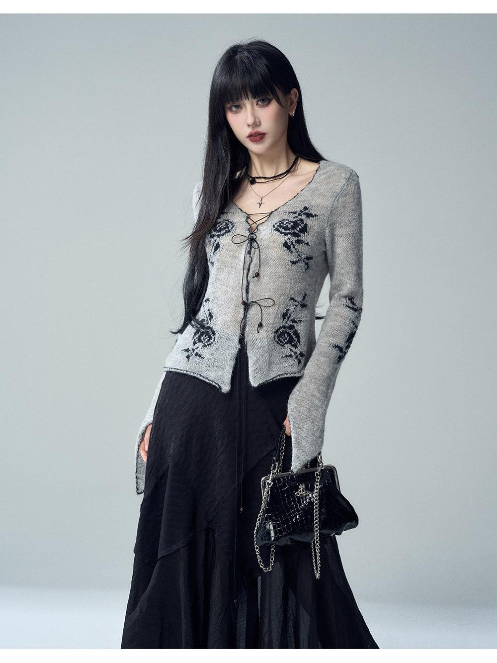 LADYGHOST Rose Jacquard Lace Up Knit Women&