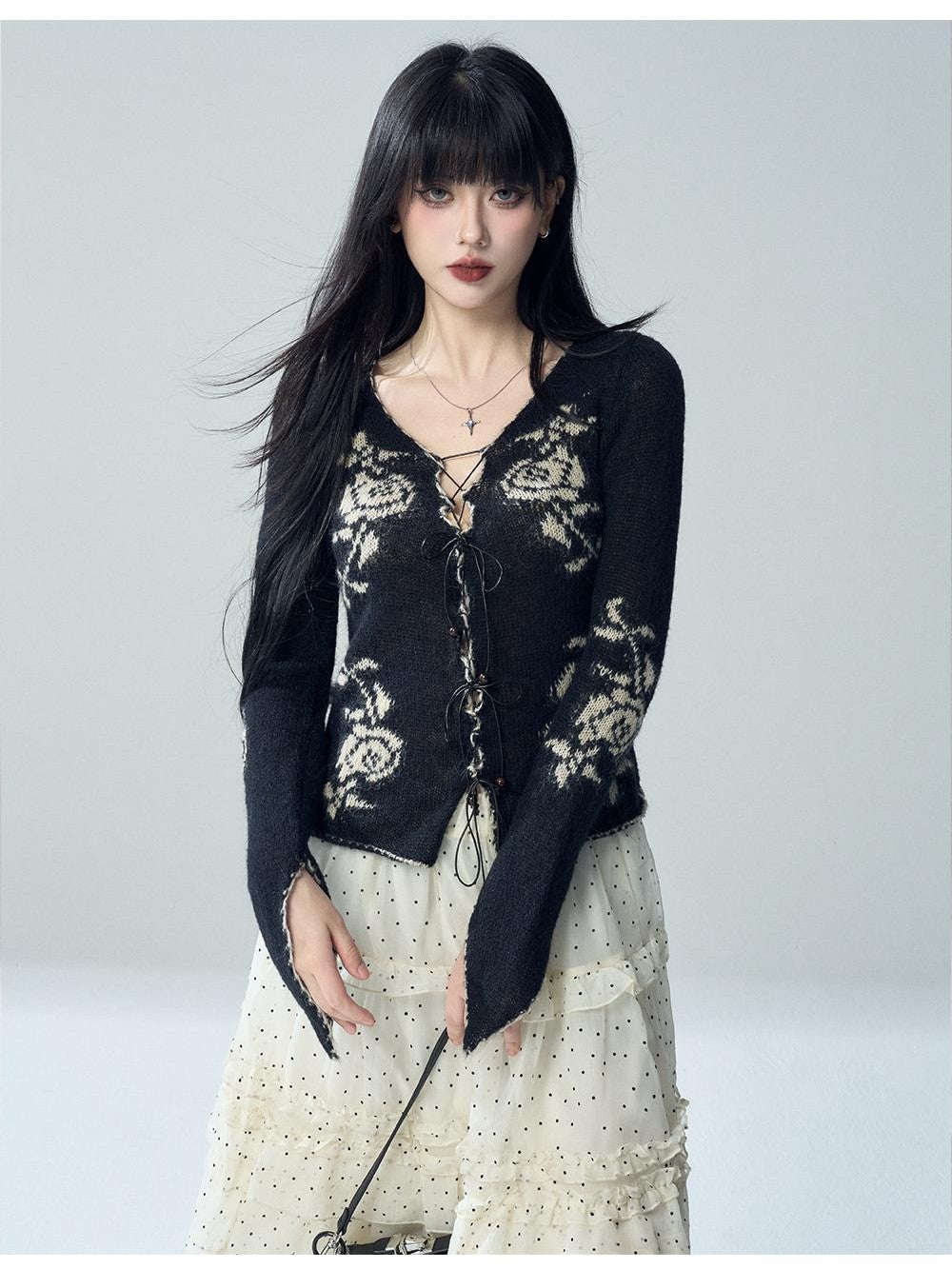 LADYGHOST Rose Jacquard Lace Up Knit Women&