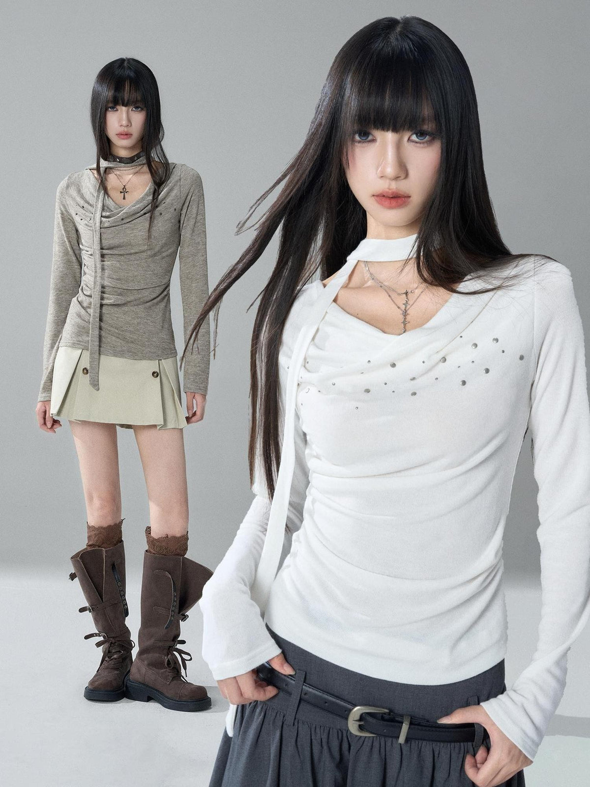 LADYGHOST Ruched Draped Neck Solid Slim Fit Women&