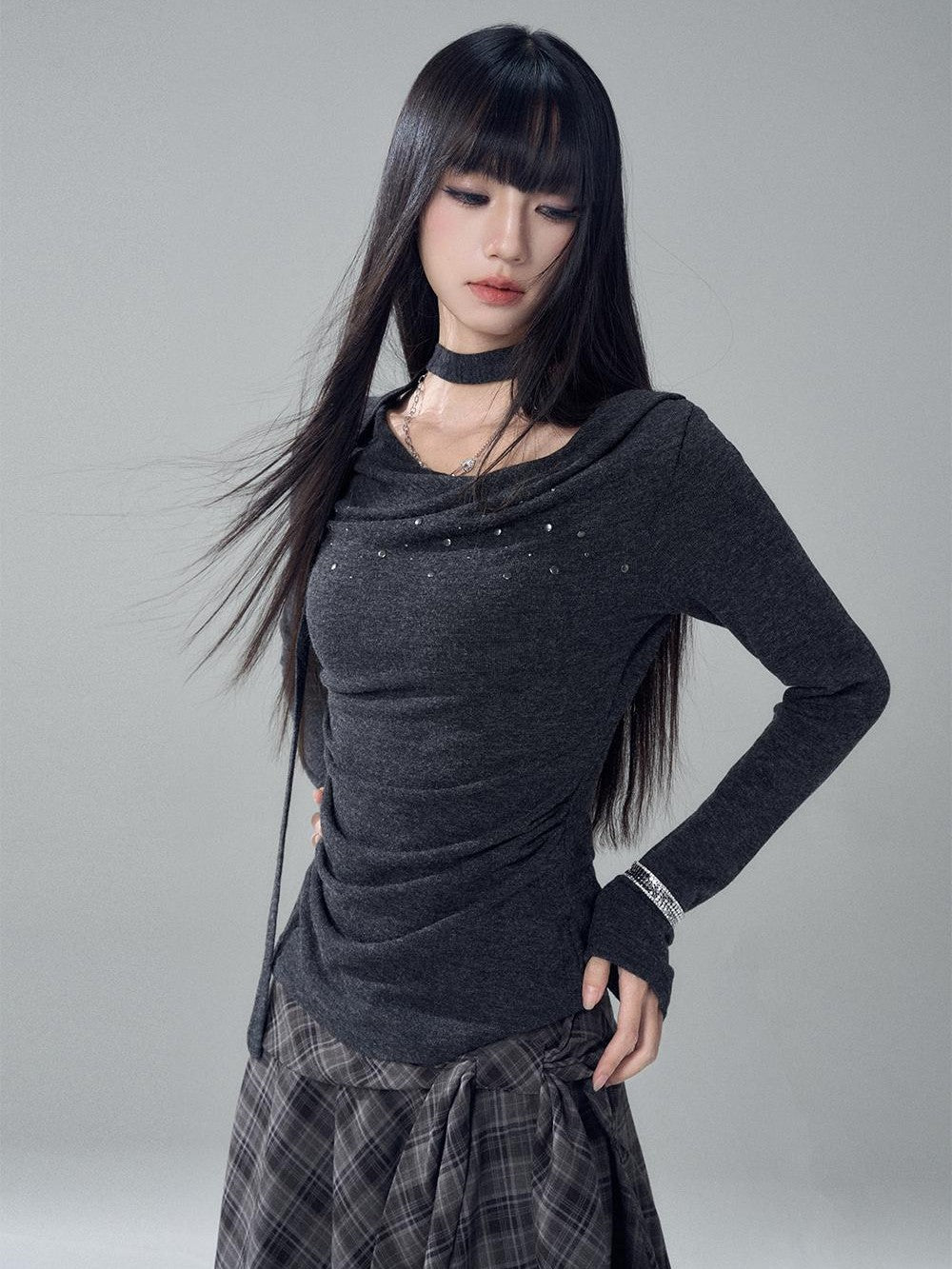 LADYGHOST Ruched Draped Neck Solid Slim Fit Women&